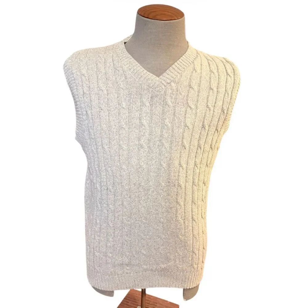 Alan Flusser Men’s Cable Knit Pullover Vest Large Tan Golf Dad